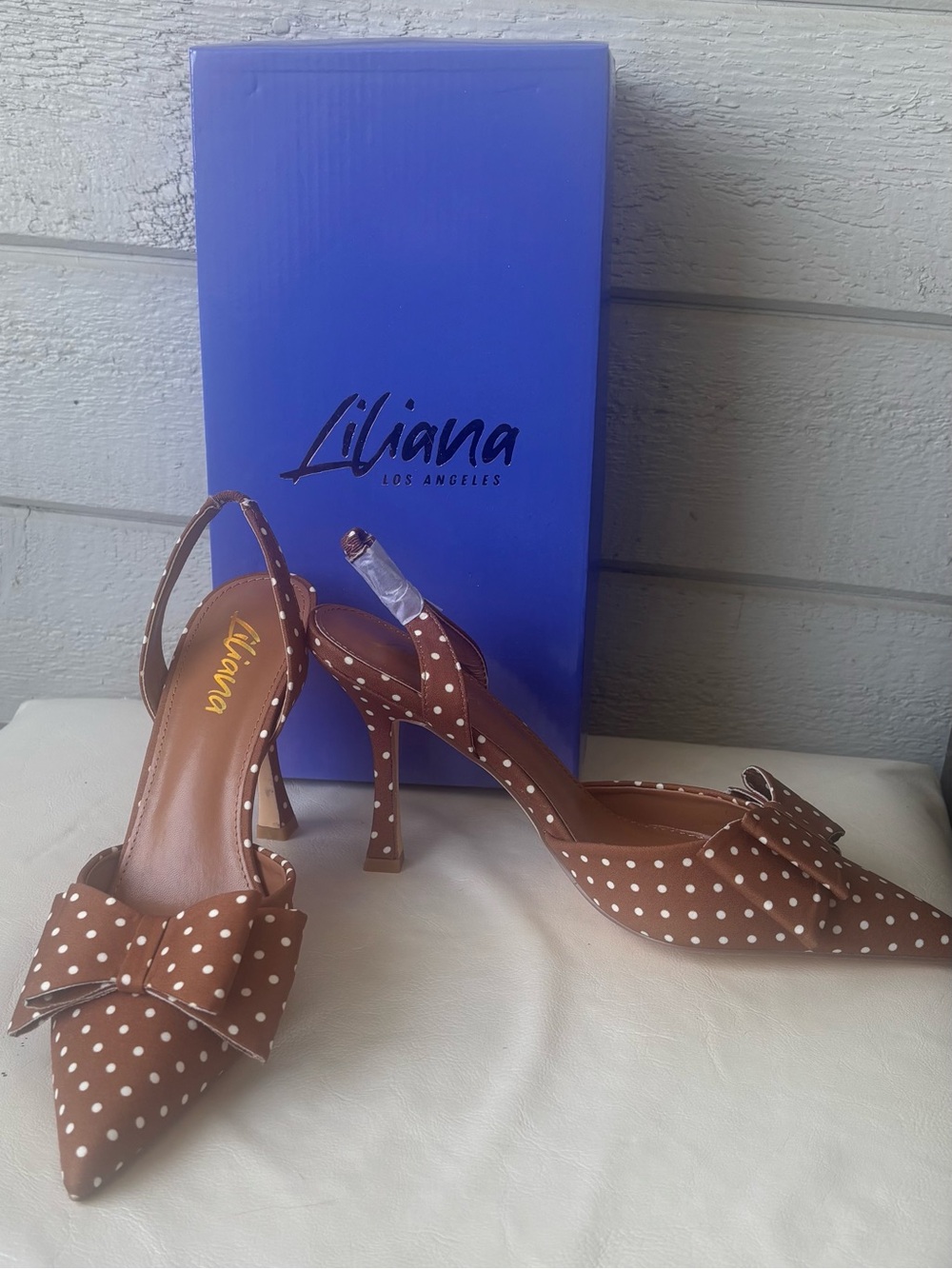 Liliana Brown Polka Dot Pointed Toe Slingback Heels with Bow